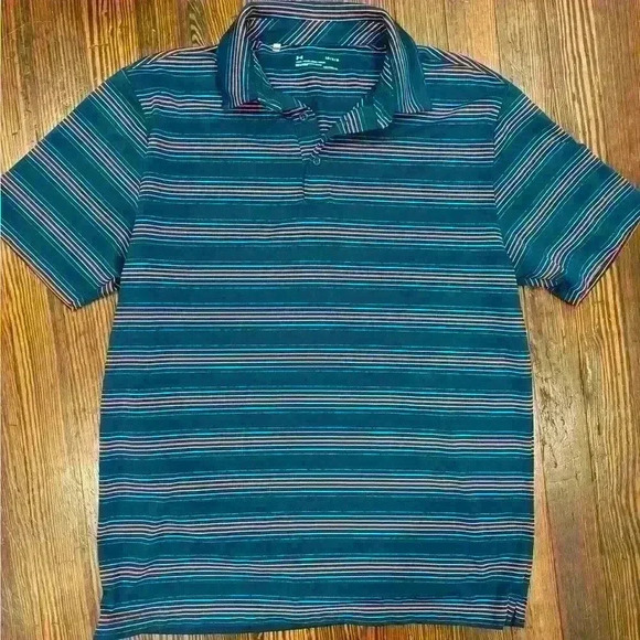 Men’s Under Armour Green Striped Heat Gear Polo Sz Large - Picture 1 of 6
